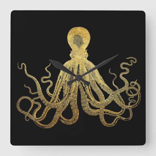 Relógio Quadrado Octopus Dourado de Tinta Preta  Costeira Náutica (Frente)