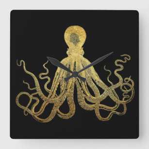 Relógio Quadrado Octopus Dourado de Tinta Preta  Costeira Náutica