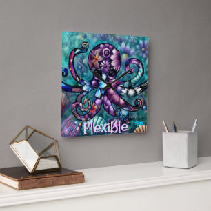 Relógio Quadrado Octopus Floral Teal Coastal Personalizado