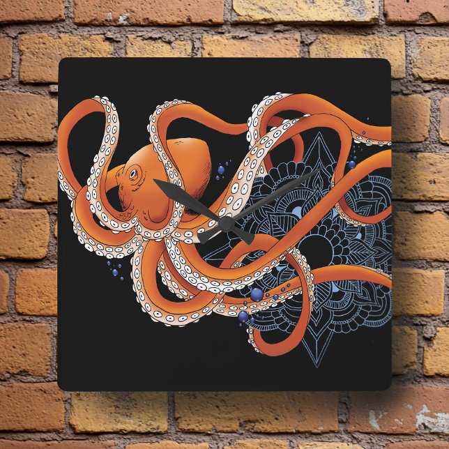 Relógio Quadrado Octopus Orange Mandal Blue (Criador carregado)
