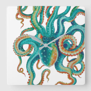 Relógio Quadrado Octopus Teal Watercolor Art