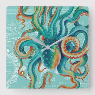 Relógio Quadrado Octopus Teto Vintage Map Watercolor