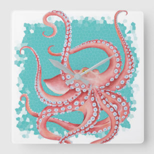 Relógio Quadrado Octopus Vermelho Vidro colorido