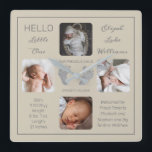 Relógio Quadrado Olá Pequeno Um Bebê Quatro Fotografias Quadradas R<br><div class="desc">Crie uma atenção que você pode estimar por toda a vida com esta design de fotos "Olá Pequeno Um" com o nome do seu bebê, as estatísticas de natalidade, os nomes de pais e irmãos. No centro estão duas linhas de modelo para sua mensagem pessoal ou você pode usar a...</div>