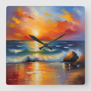 Relógio Quadrado Óleo Pintura do pôr do sol laranja sobre o oceano