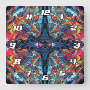 Relógio Quadrado Olhos torcidos e Trippy Painting azuis com números