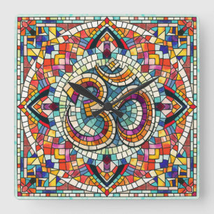 Relógio Quadrado OM Símbolo Lotus Mandala Mosaico