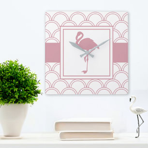 Relógio Quadrado Onda Art Déco padrão Flamingo Rosa