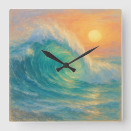 Relógio Quadrado Onda Turquesa - Estilo de Pintura Pastel Arte
