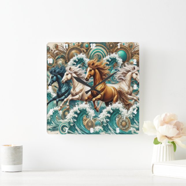 Relógio Quadrado Ondas de Cavalos Galopantes (Lar)
