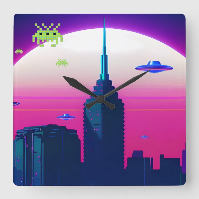 Relógio Quadrado Ondas Noturnas e Vapor Daze (Frente)