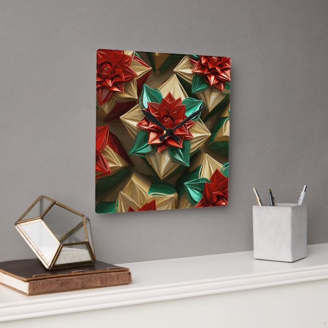 Relógio Quadrado Opulência de Yuletide: Segmentos de Ouro do Natal (Escritório)