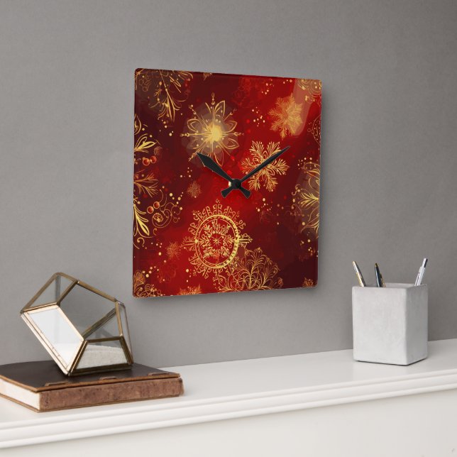 Relógio Quadrado Opulência de Yuletide: Segmentos de Ouro do Natal (Escritório)