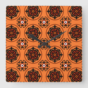 Relógio Quadrado Orange Suzani Pattern