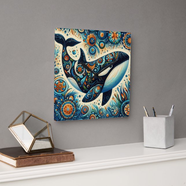 Relógio Quadrado Orca Killer Whale Floral Whimssic - Praia Náutica  (Escritório)