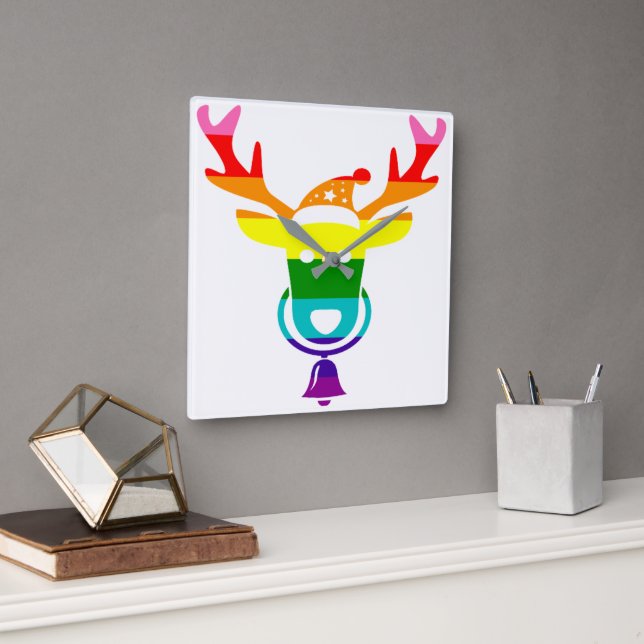 Relógio Quadrado Orgulho LGBTQ Arco-Íris Cute Reindet Cabeça Natal (Escritório)