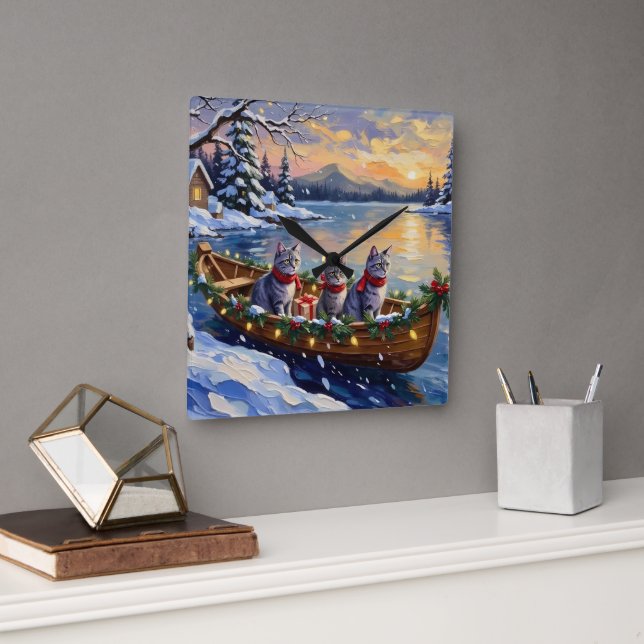 Relógio Quadrado Oriental Blue Cat Christmas Boat Holiday (Escritório)