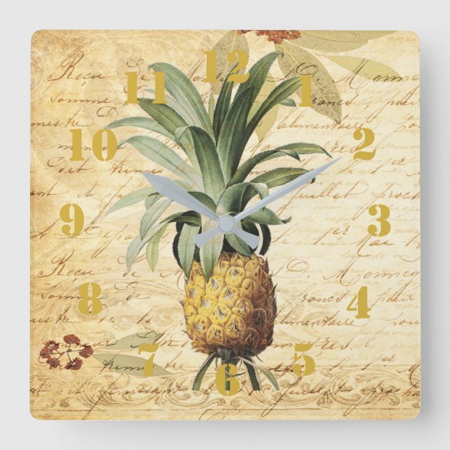 Relógio Quadrado Ornamentado de abacaxi de pintura russa (Frente)