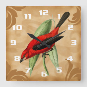 Relógio Quadrado Ornamentado de pássaro vermelho lindíssimo e único