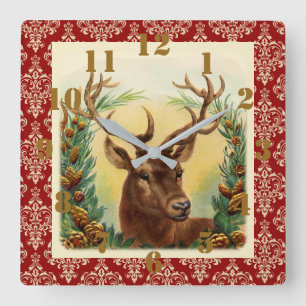 Relógio Quadrado Ornamentado Elegante Rustic Country Christmas Deer