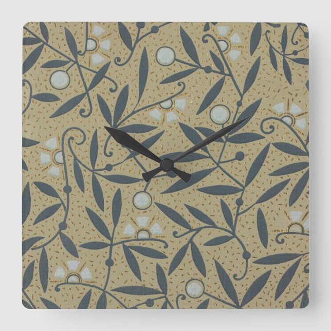 Relógio Quadrado Ornate floral pattern with dark blue vines  (Frente)