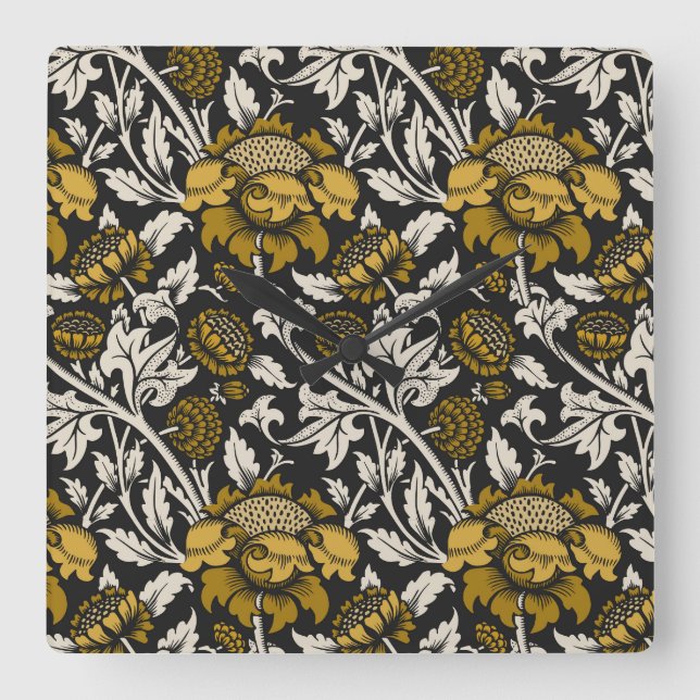 Relógio Quadrado Ornate floral pattern with large gold flowers  (Frente)