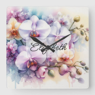 Relógio Quadrado Orquídeas tropicais, cor de água floral e nome