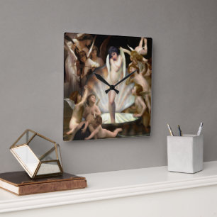 Relógio Quadrado Os anjos de Bouguereau circundam o Cupido