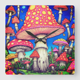 Relógio Quadrado Os Coloridos Cogumelos Vermelhos e Amarelos em um 