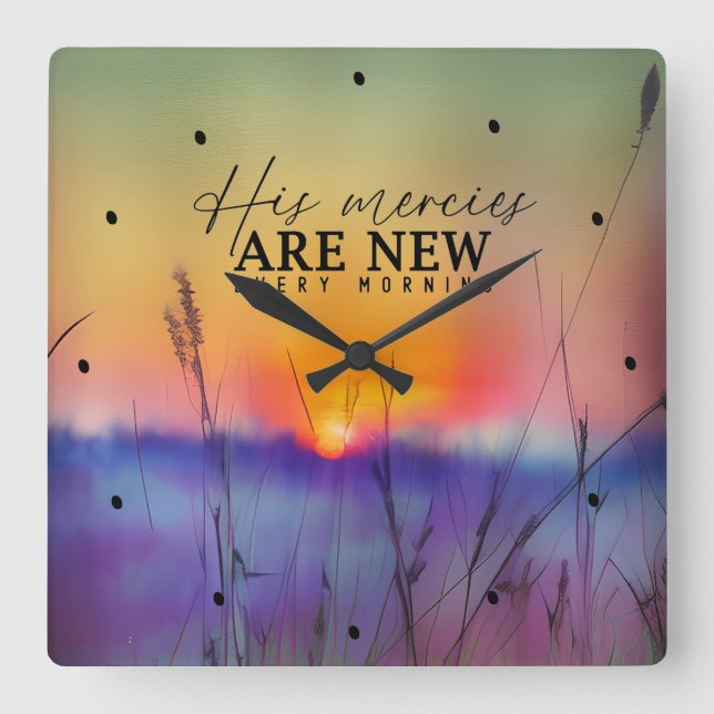 Relógio Quadrado Os Compaixões dele são novos todas as manhãs. (Frente)