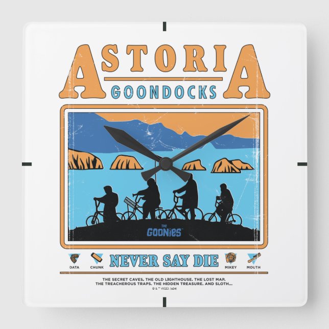 Relógio Quadrado Os Goonies Silhuettes Sobre Astoria Goondocks (Frente)