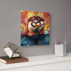 Relógio Quadrado Otter Abstrato Floral Teal Laranja Vermelho Laranj