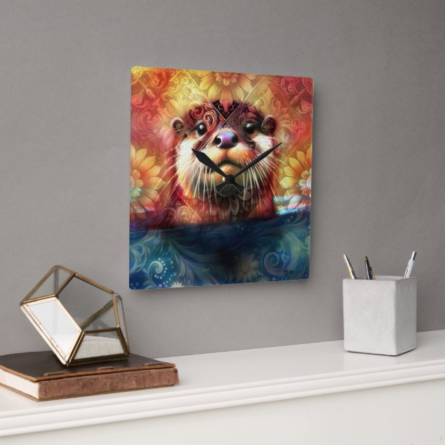 Relógio Quadrado Otter Abstrato Floral Teal Laranja Vermelho Laranj (Escritório)