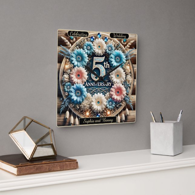 Relógio Quadrado Ouro Amor: Design de 5 Aniversário (Escritório)