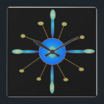 Relógio Quadrado Ouro azul do Aqua/do art deco > pulsos de disparo<br><div class="desc">Um pulso de disparo de parede criativo simplista do art deco. Este design decreative tem um fundo preto e cores do aqua e do ouro azuis. Disponível na forma quadrada somente</div>