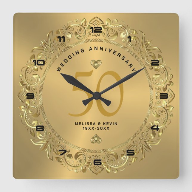 Relógio Quadrado Ouro brilhante Swirls Circular 50º casamento (Frente)