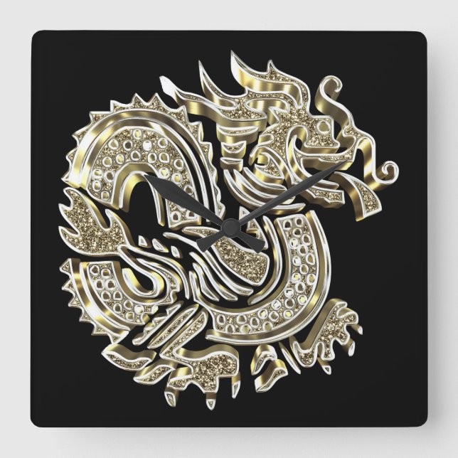 Relógio Quadrado Ouro Dragão Negro e Elegante Dourado (Frente)