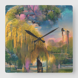 Relógio Quadrado Ouro selvagem ao pôr do sol pela lagoa abstrato