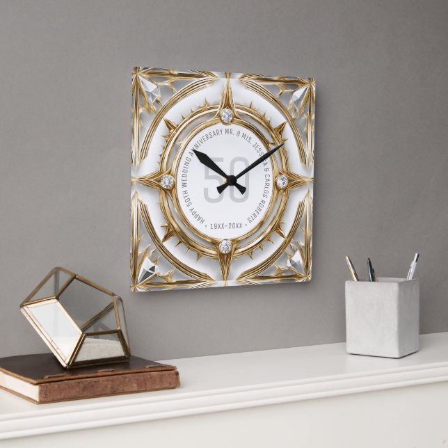Relógio Quadrado Ouros Brancos e Dourado 50º Aniversário de Casamen (Escritório)