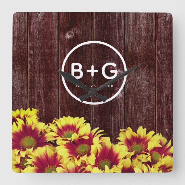 Relógio Quadrado Outono Girassóis sobre Casamento de Cerca de Madei (Frente)