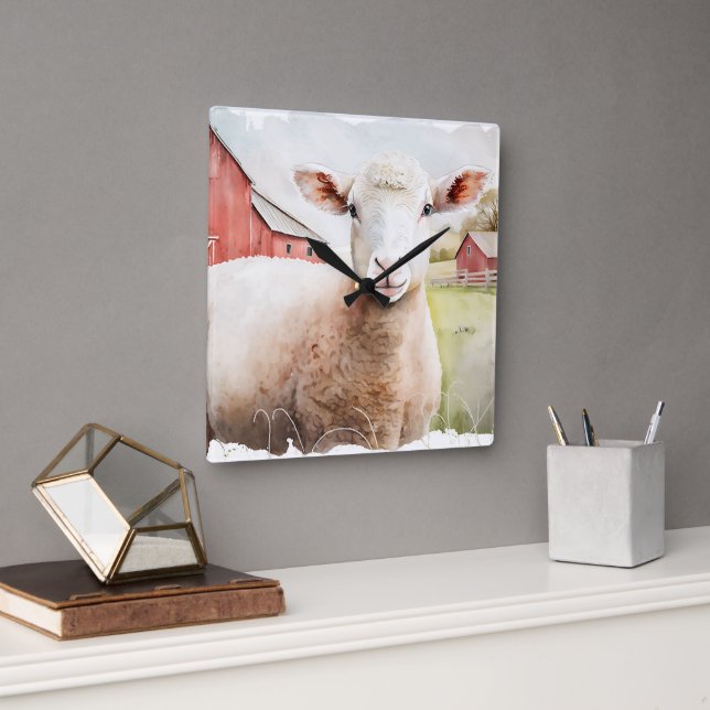 Relógio Quadrado Ovelha De Aquarela Com Pano Vermelho (Escritório)