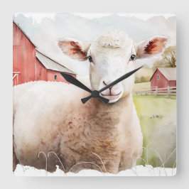 Relógio Quadrado Ovelha De Aquarela Com Pano Vermelho