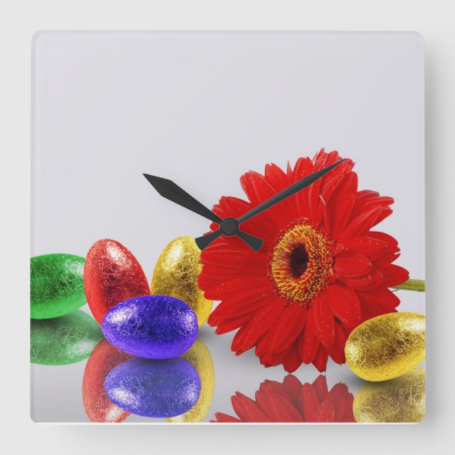 Relógio Quadrado Ovos de Felz pascoa Coloridos com Gerbera (Frente)