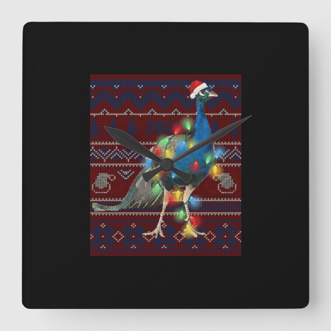 Relógio Quadrado Pacock Christmas Lights Ugly Sweater Goat Lover (Frente)