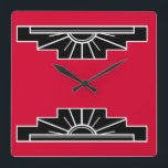 Relógio Quadrado Padrão Art Deco em Red, Black and White Square Wa<br><div class="desc">Baseado em formas clássicas de deco de arte,  este padrão em vermelho vai se adequar à decoração daquela era</div>