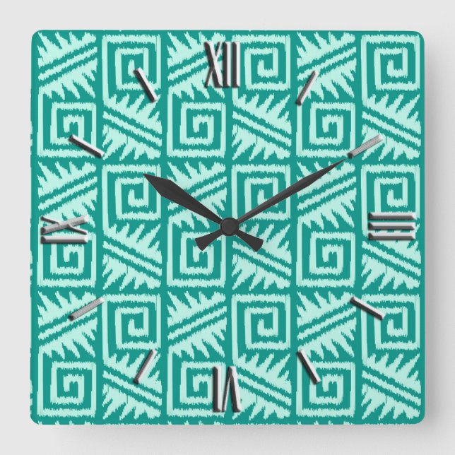 Relógio Quadrado Padrão Azteca Ikat - Turquesa e Água (Frente)