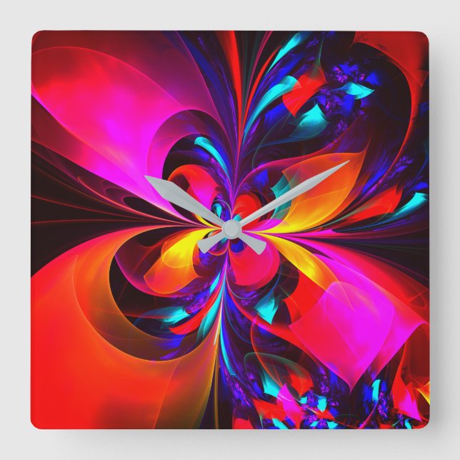 Relógio Quadrado Padrão Azul Vermelho Abstrato Floral Moderno #07 (Frente)