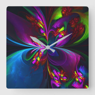 Relógio Quadrado Padrão Azul Vermelho Abstrato Floral Moderno #15
