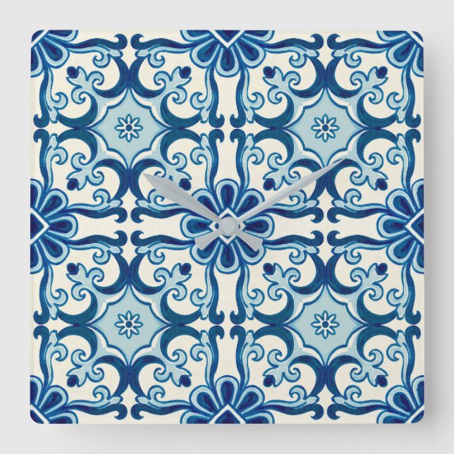 Relógio Quadrado Padrão Azulejos Azul de Azulejo Floral (Frente)
