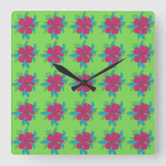 Relógio Quadrado Padrão Colorido da Flor no Fundo Verde